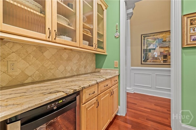 312 Spanton, Pooler, GA 31322 - bar area featuring beverage cooler, dark wood finished floors, a wainscoted wall, and decorative backsplash