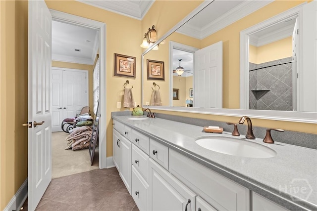 312 Spanton, Pooler, GA 31322 - full bathroom featuring double vanity, crown molding, ensuite bathroom, a ceiling fan, and tile patterned flooring
