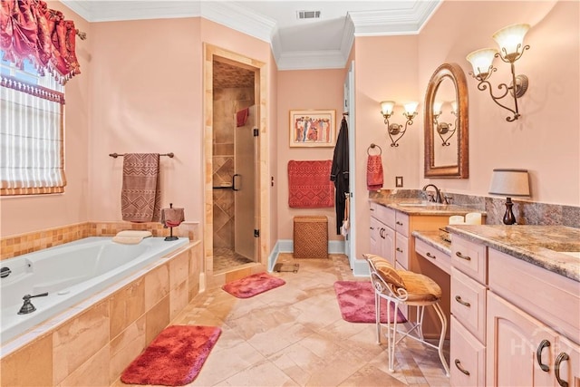 312 Spanton, Pooler, GA 31322 - full bathroom with a bath, a stall shower, vanity, and ornamental molding