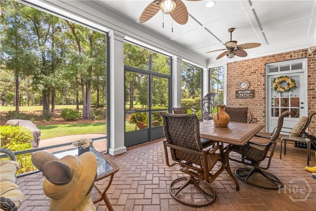 312 Spanton, Pooler, GA 31322 - sunroom / solarium featuring ceiling fan, outdoor dining area, and coffered ceiling
