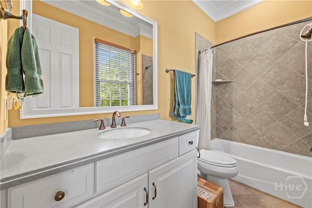 312 Spanton, Pooler, GA 31322 - bathroom featuring vanity, shower / bathtub combination with curtain, ornamental molding, toilet, and tile patterned floors