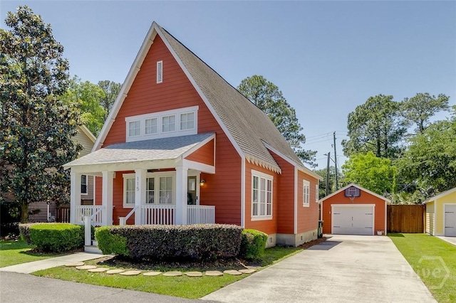 115 Daisy Ct, Savannah, GA 31404 - bungalow with a porch, an outdoor structure, concrete driveway, a detached garage, and roof with shingles