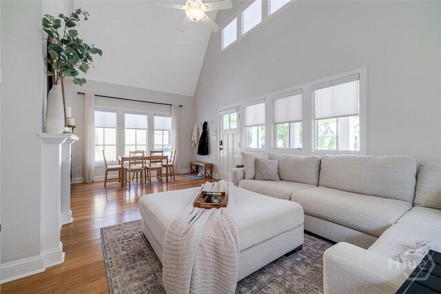 115 Daisy Ct, Savannah, GA 31404 - living room with a towering ceiling, light wood-style floors, a ceiling fan, and baseboards