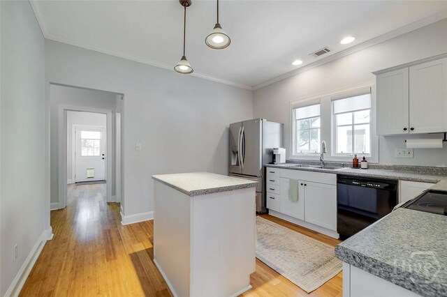115 Daisy Ct, Savannah, GA 31404 - kitchen with black dishwasher, stainless steel refrigerator with ice dispenser, a sink, light wood-type flooring, and crown molding