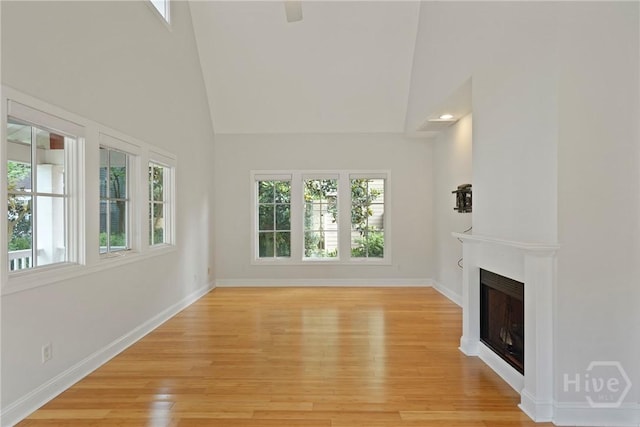 115 Daisy Ct, Savannah, GA 31404 - unfurnished living room with healthy amount of natural light, a fireplace, high vaulted ceiling, light wood-style flooring, and baseboards