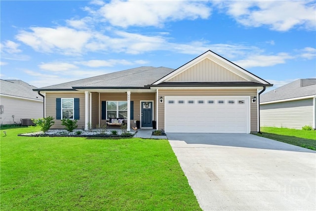 402 Abode Ave, Hinesville, GA 31313 - single story home with a front lawn, cooling unit, an attached garage, concrete driveway, and covered porch