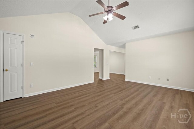 303 Aspen, Rincon, GA 31326 - unfurnished living room featuring ceiling fan, high vaulted ceiling, wood finished floors, and baseboards