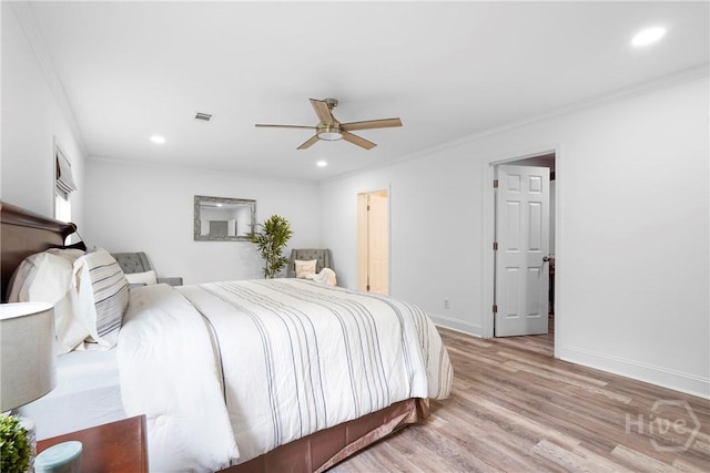 550 Brogdon Rd, Guyton, GA 31312 - bedroom with light wood-style flooring, ornamental molding, recessed lighting, baseboards, and ceiling fan