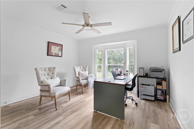 550 Brogdon Rd, Guyton, GA 31312 - office featuring ornamental molding, a ceiling fan, light wood finished floors, and baseboards