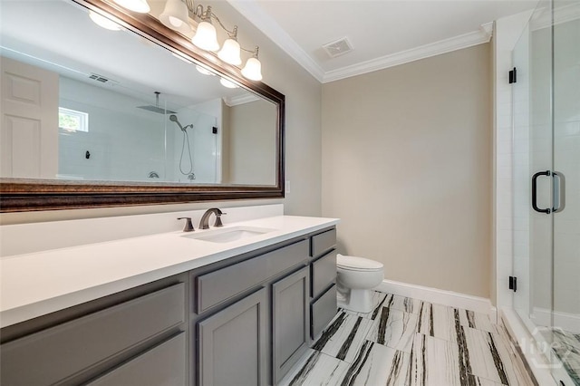 428 Roberts Way, Rincon, GA 31326 - bathroom with vanity, a shower stall, ornamental molding, toilet, and baseboards