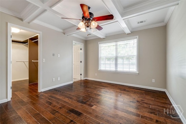428 Roberts Way, Rincon, GA 31326 - unfurnished bedroom featuring coffered ceiling, hardwood / wood-style floors, beam ceiling, a spacious closet, and baseboards