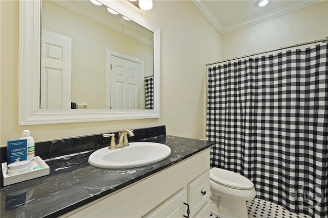 8813 Whitefield Ave, Savannah, GA 31406 - full bath featuring vanity, ornamental molding, toilet, and curtained shower