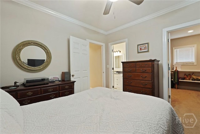 8813 Whitefield Ave, Savannah, GA 31406 - carpeted bedroom featuring crown molding, a ceiling fan, and connected bathroom