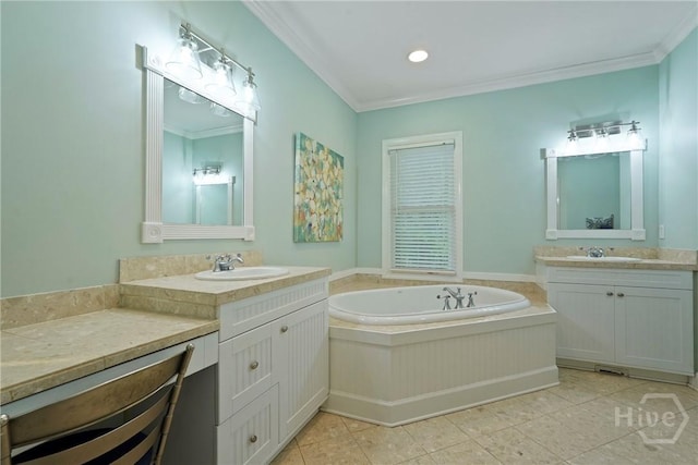 8813 Whitefield Ave, Savannah, GA 31406 - bathroom with two vanities, a bath, ornamental molding, tile patterned floors, and recessed lighting