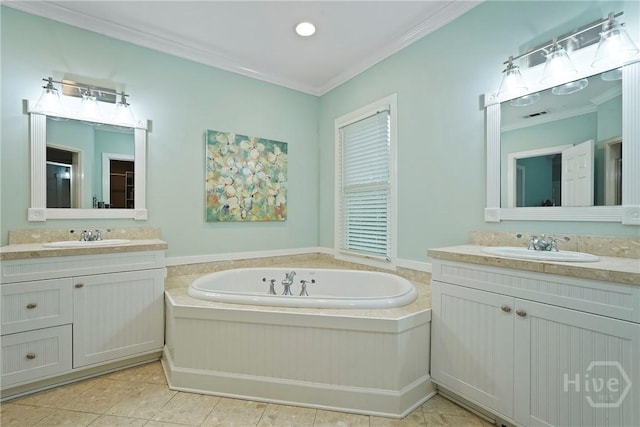 8813 Whitefield Ave, Savannah, GA 31406 - full bath with two vanities, a garden tub, ornamental molding, and tile patterned flooring