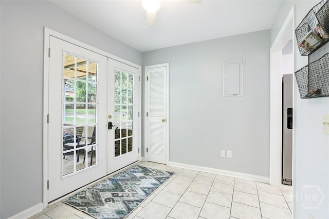 15 Ramble Rd, Statesboro, GA 30458 - doorway with french doors, baseboards, ceiling fan, and light tile patterned floors