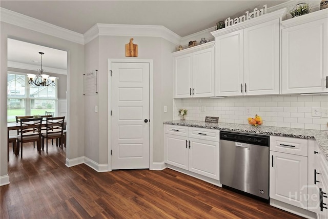 108 Summer Station Dr, Guyton, GA 31312 - kitchen with dishwasher, dark wood-style floors, a chandelier, ornamental molding, and white cabinetry