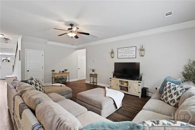 108 Summer Station Dr, Guyton, GA 31312 - living room featuring ceiling fan, dark wood-style floors, crown molding, and baseboards