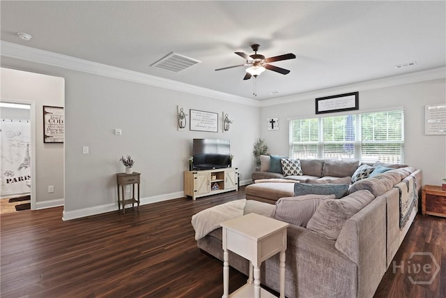 108 Summer Station Dr, Guyton, GA 31312 - living room featuring a ceiling fan, dark wood finished floors, ornamental molding, and baseboards