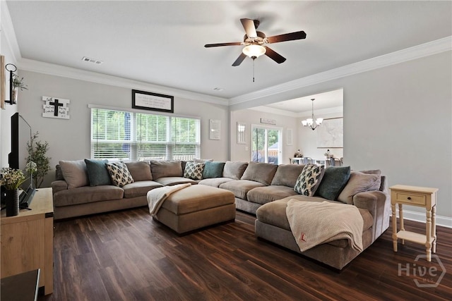108 Summer Station Dr, Guyton, GA 31312 - living area with a ceiling fan, a chandelier, dark wood finished floors, and crown molding