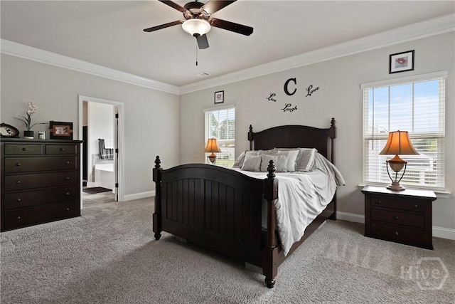 108 Summer Station Dr, Guyton, GA 31312 - carpeted bedroom featuring ornamental molding, baseboards, a ceiling fan, and ensuite bath