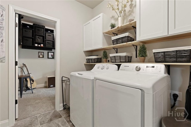 108 Summer Station Dr, Guyton, GA 31312 - laundry room featuring cabinet space, independent washer and dryer, carpet, and baseboards