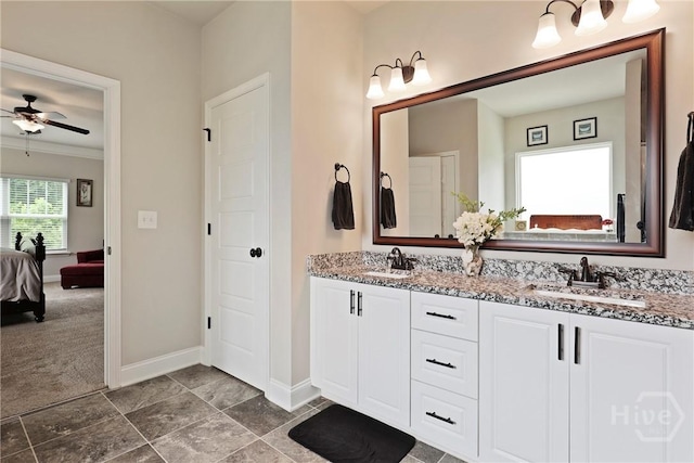 108 Summer Station Dr, Guyton, GA 31312 - full bathroom featuring ensuite bath, double vanity, baseboards, a ceiling fan, and crown molding