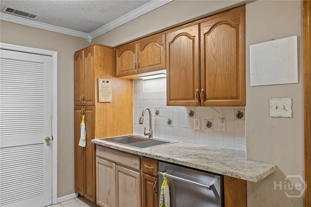 114 Piercefield Dr, Richmond Hill, GA 31324 - kitchen featuring stainless steel dishwasher, backsplash, a textured ceiling, ornamental molding, and brown cabinetry