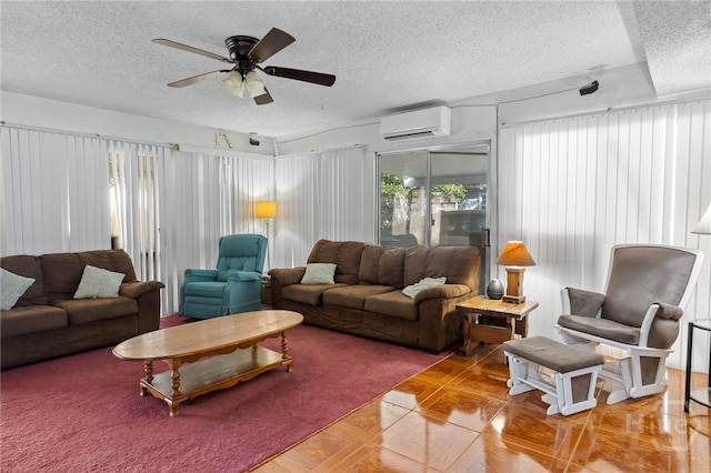 114 Piercefield Dr, Richmond Hill, GA 31324 - living room featuring an AC wall unit, a textured ceiling, and a ceiling fan
