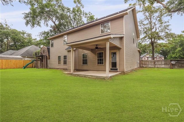 93 Veranda Trl, Midway, GA 31320 - rear view of house featuring a playground, ceiling fan, a patio, and a fenced backyard
