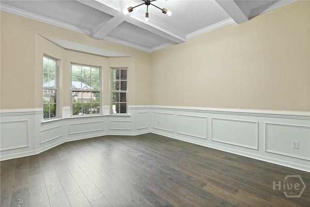 93 Veranda Trl, Midway, GA 31320 - empty room featuring beam ceiling, coffered ceiling, crown molding, dark wood finished floors, and a wainscoted wall