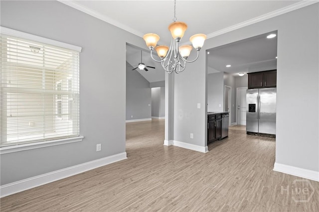 7 Sailmaker Ln, Richmond Hill, GA 31324 - unfurnished dining area with a chandelier, baseboards, ornamental molding, light wood-style floors, and ceiling fan
