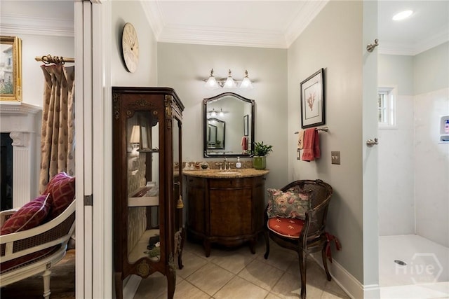 10 Cedar View Dr, Savannah, GA 31410 - full bath with vanity, a shower, tile patterned flooring, crown molding, and baseboards