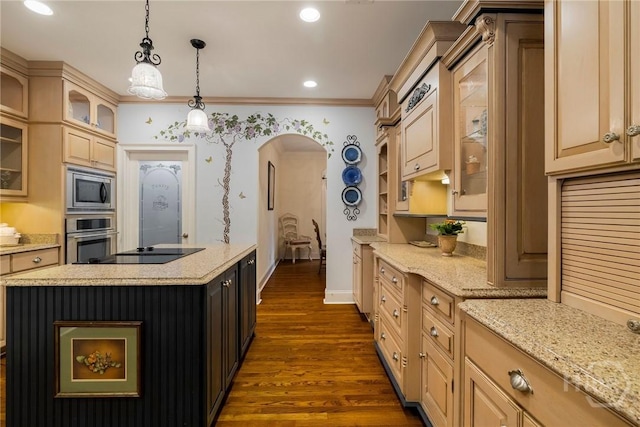 10 Cedar View Dr, Savannah, GA 31410 - kitchen featuring appliances with stainless steel finishes, arched walkways, dark wood-type flooring, pendant lighting, and a center island