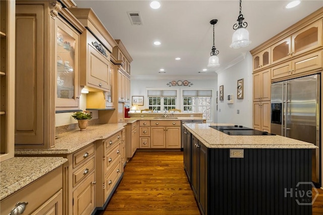 10 Cedar View Dr, Savannah, GA 31410 - kitchen with crown molding, stainless steel built in fridge, black electric cooktop, a sink, and dark wood finished floors