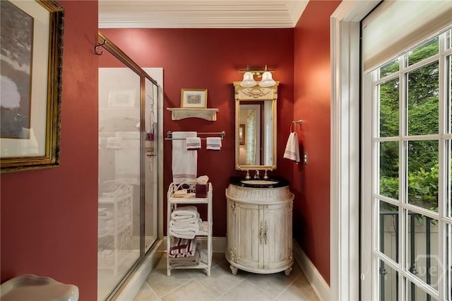 10 Cedar View Dr, Savannah, GA 31410 - bathroom featuring a shower stall, tile patterned flooring, ornamental molding, vanity, and baseboards