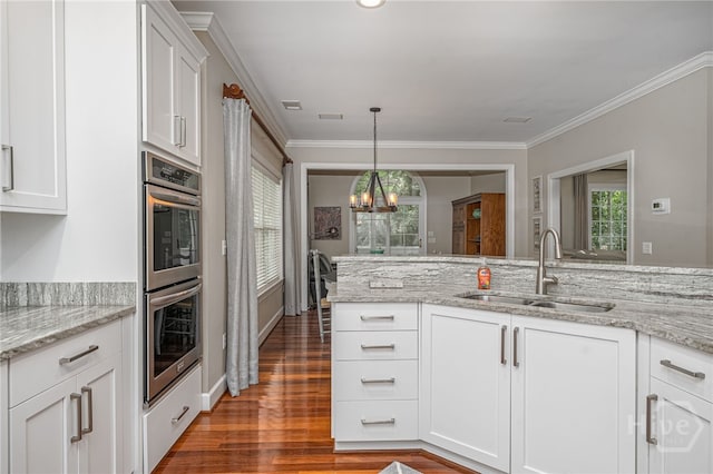 14 Black Hawk Trl, Savannah, GA 31411 - kitchen featuring a sink, double oven, plenty of natural light, white cabinets, and ornamental molding