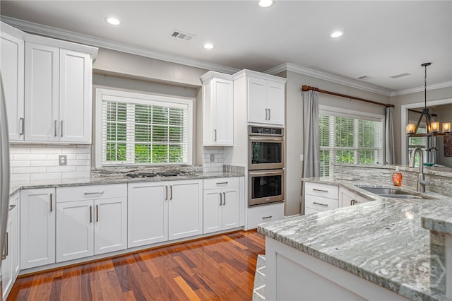 14 Black Hawk Trl, Savannah, GA 31411 - kitchen featuring stainless steel appliances, a sink, crown molding, white cabinetry, and plenty of natural light