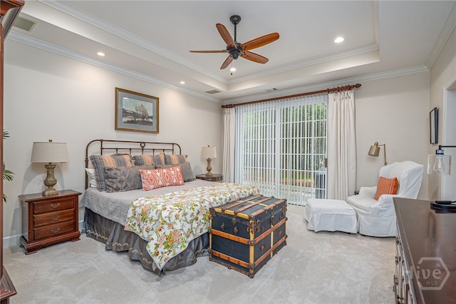 14 Black Hawk Trl, Savannah, GA 31411 - carpeted bedroom featuring a raised ceiling, crown molding, recessed lighting, a ceiling fan, and access to exterior