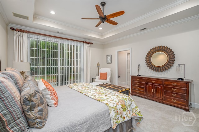 14 Black Hawk Trl, Savannah, GA 31411 - bedroom with a tray ceiling, light carpet, crown molding, recessed lighting, and a ceiling fan