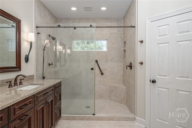 14 Black Hawk Trl, Savannah, GA 31411 - full bathroom featuring vanity, a shower stall, recessed lighting, and tile patterned flooring