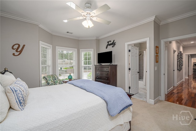 14 Black Hawk Trl, Savannah, GA 31411 - bedroom with ornamental molding, baseboards, carpet flooring, a ceiling fan, and attic access