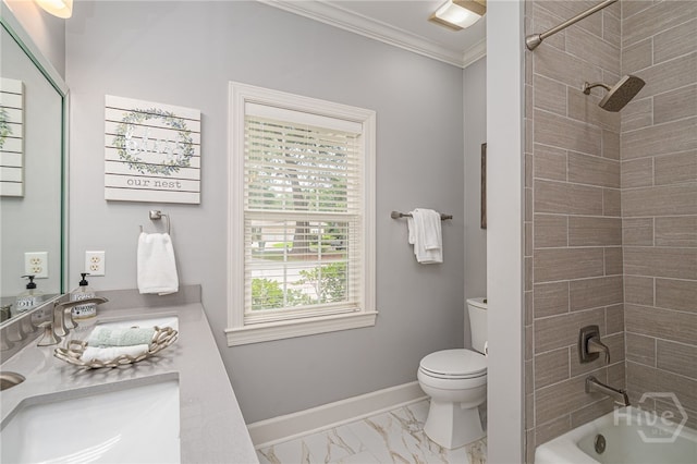 14 Black Hawk Trl, Savannah, GA 31411 - bathroom with ornamental molding, toilet, marble finish floors, vanity, and shower / bath combination
