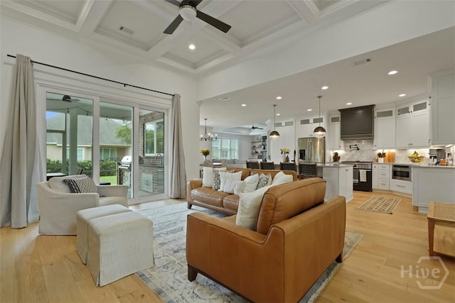 15 Reed Grass Ln, Savannah, GA 31405 - living room with ceiling fan, beamed ceiling, light wood-type flooring, coffered ceiling, and recessed lighting