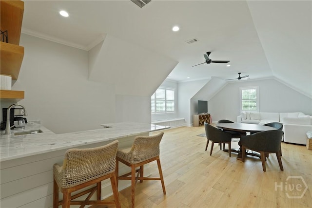 15 Reed Grass Ln, Savannah, GA 31405 - dining space with plenty of natural light, light wood-type flooring, a ceiling fan, lofted ceiling, and recessed lighting