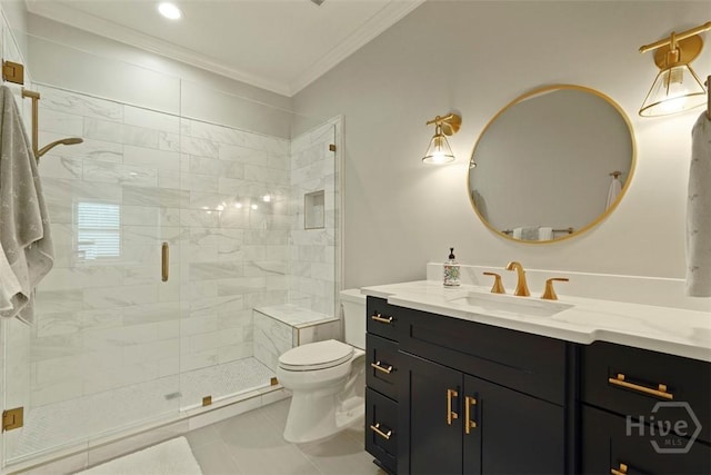 15 Reed Grass Ln, Savannah, GA 31405 - bathroom featuring vanity, crown molding, a shower stall, toilet, and tile patterned floors