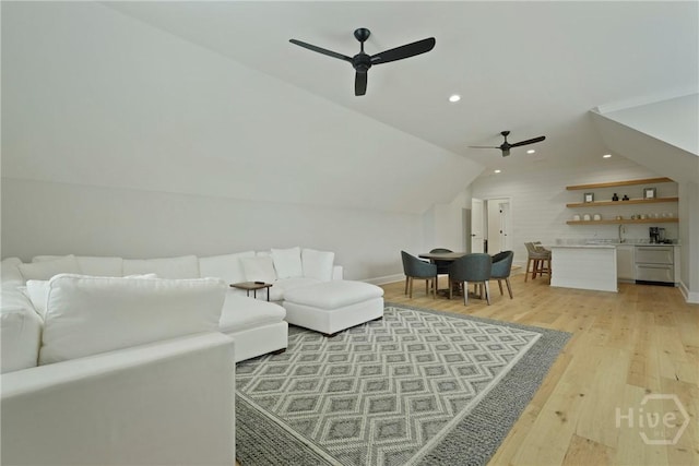 15 Reed Grass Ln, Savannah, GA 31405 - living room with a ceiling fan, light wood finished floors, vaulted ceiling, recessed lighting, and baseboards