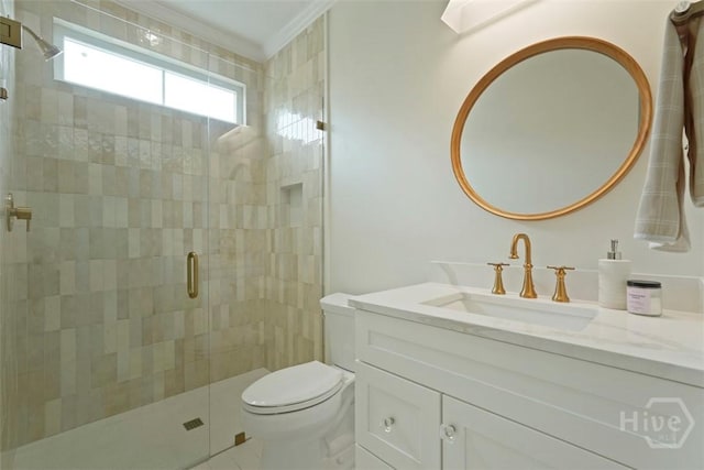 15 Reed Grass Ln, Savannah, GA 31405 - bathroom featuring vanity, toilet, a stall shower, and ornamental molding