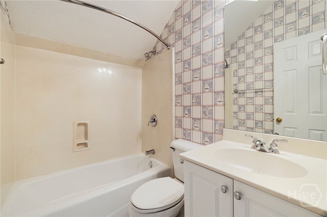 35 Wild Thistle Ln, Savannah, GA 31406 - bathroom with wallpapered walls, toilet, vanity, washtub / shower combination, and a textured ceiling