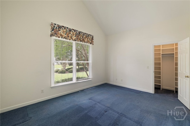35 Wild Thistle Ln, Savannah, GA 31406 - unfurnished bedroom featuring multiple windows, dark colored carpet, a spacious closet, high vaulted ceiling, and baseboards